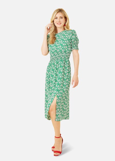 Mela Green Floral Print Shirred Waist Midi Dress