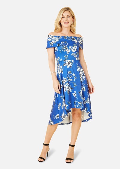 Mela Blue Floral Bardot Dipped Hem Dress