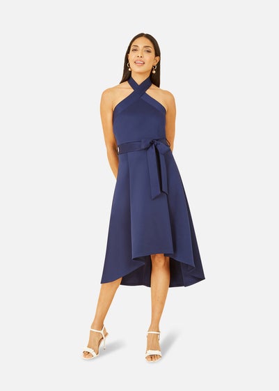 Mela Navy Halter neck Dipped Hem Skater Dress