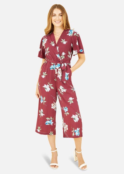 Mela Burgundy Floral Print Jumpsuit With Angel Sleeves