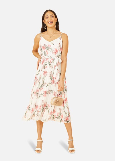 Mela Ivory Floral Strappy Pleated Midi Dress