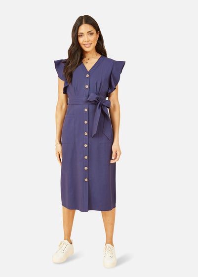 Yumi Navy Linen Blend Midi Shirt Dress