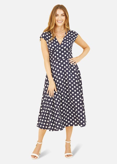 Yumi Navy Spot Print Kimono Sleeve Midi Dress