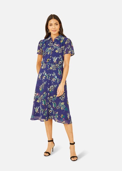 Yumi Navy Recycled Bird Print Midi Shirt Dress