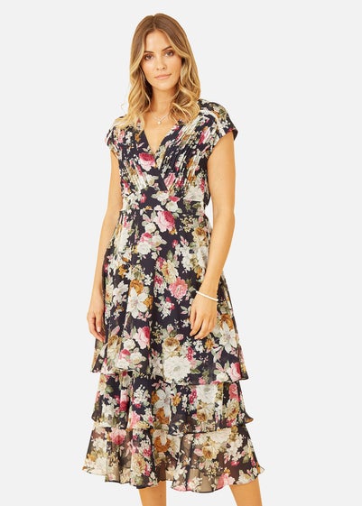 Yumi Navy Floral Tiered Midi Dress