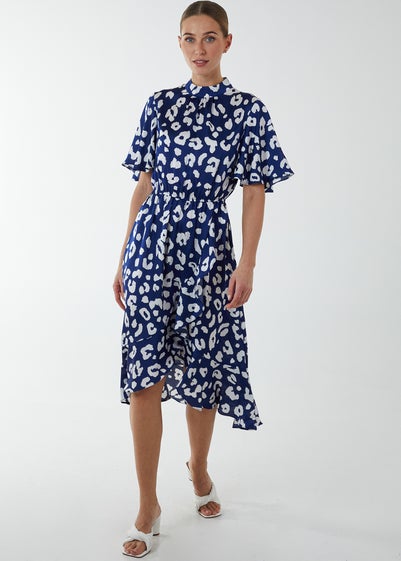 Blue Vanilla Navy Angel Sleeve Wrap Ruffle Midi Dress