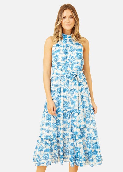 Yumi Blue Leaf Print Halter Neck Midi Dress