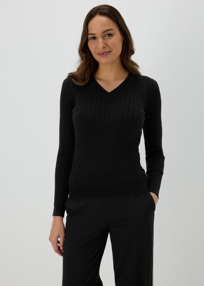 Black Cable Knit V Neck Jumper