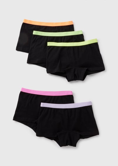 5 Pack Girls Black Neon Trim Hipsters (6-13yrs)