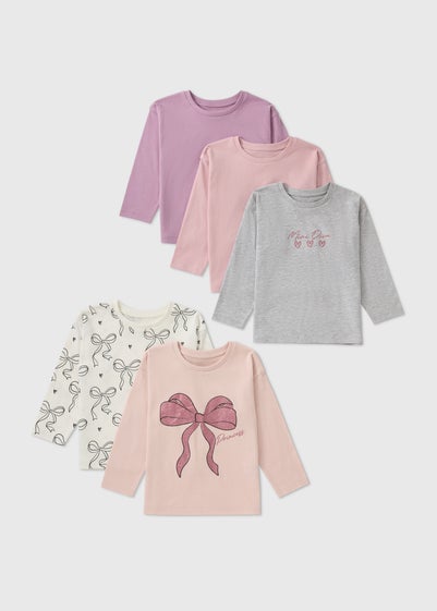 5 Pack Girls Pink Bow T-Shirts (1-7yrs)