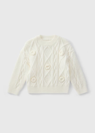 Girls Cream Flower Cable Knit Jumper (1-7yrs)