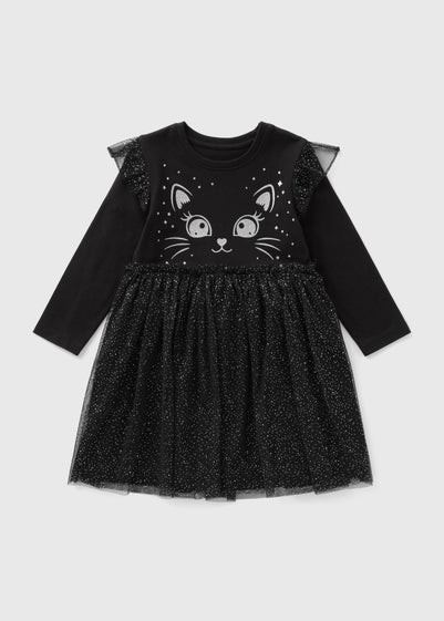 Girls Black Cat Mesh Dress (1-7yrs)