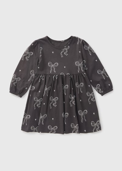 Girls Charcoal Bow Print Dress (1-7yrs)