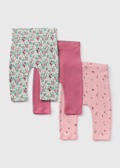 3 Pack Baby Pink Floral Leggings (Newborn-23mths)