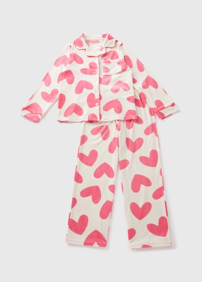 Girls Cream Velour Heart Pyjama Top & Bottoms (7-13yrs)