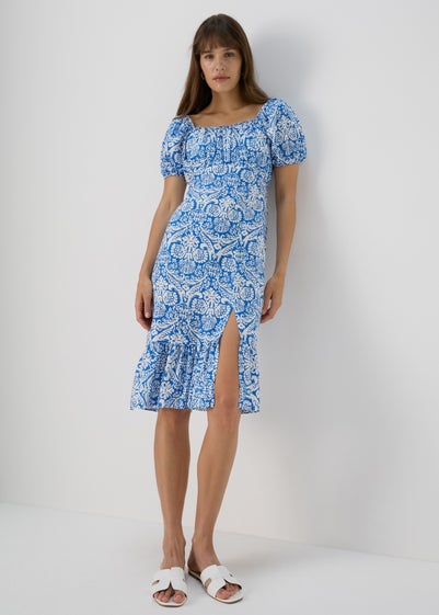 Blue Frill Hem Square Neck Midi Dress