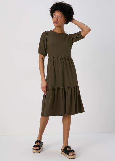 Khaki Textured Tiered Dress