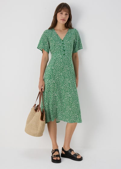 Green Spot Print Midi Dress