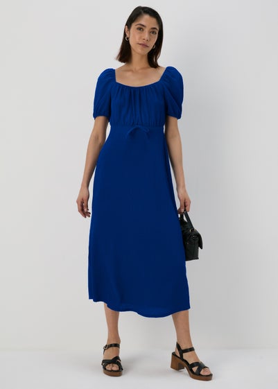 Blue Tie Front Textured Midi Dress