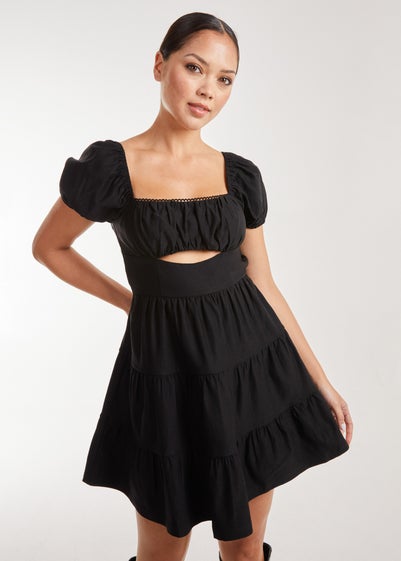 Pink Vanilla Black Puff Sleeve Peekaboo Tiered Mini Dress