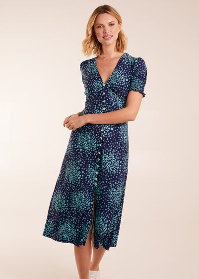 Blue Vanilla Navy Ditsy Floral Button Front Midi Dress