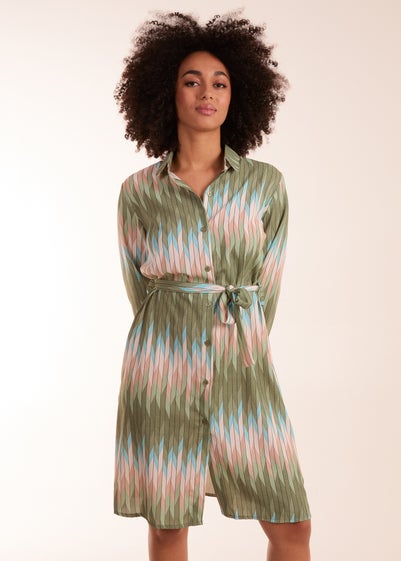 Blue Vanilla Khaki Zig Zag Print Shirt Dress