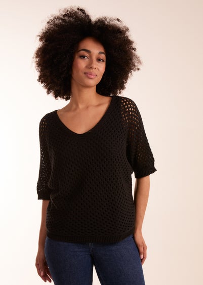 Blue Vanilla Black Crochet Lace V Neck Top