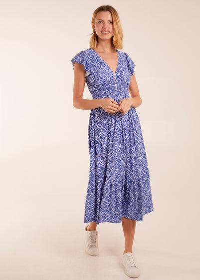 Blue Vanilla Blue Ditsy Floral V Neck Button Front Midi Dress