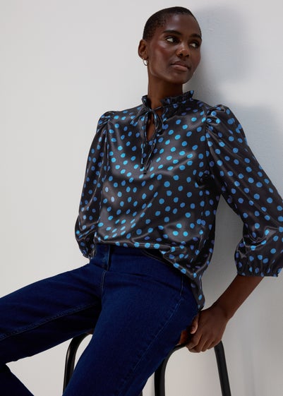 Black Blue Spot Tie Neck Frill Blouse