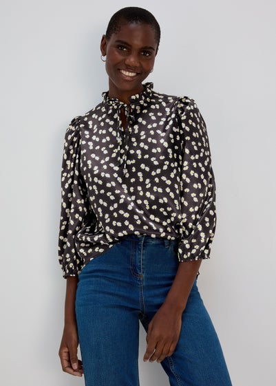 Black Daisy Print Tie Neck Frill Blouse