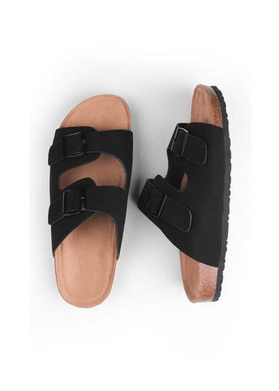 Where's That From Black Nubuck Willow Flat Sandals