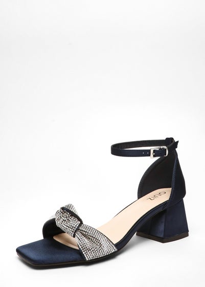 Quiz Navy Satin Diamante Knot Front Block Heeled Sandals