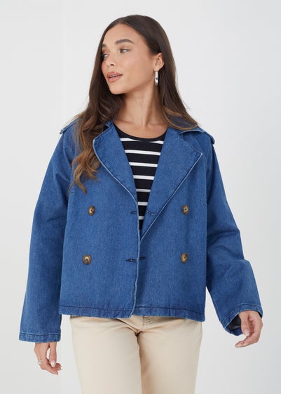 Brave Soul Blue Double Breasted Short Denim Trenchcoat