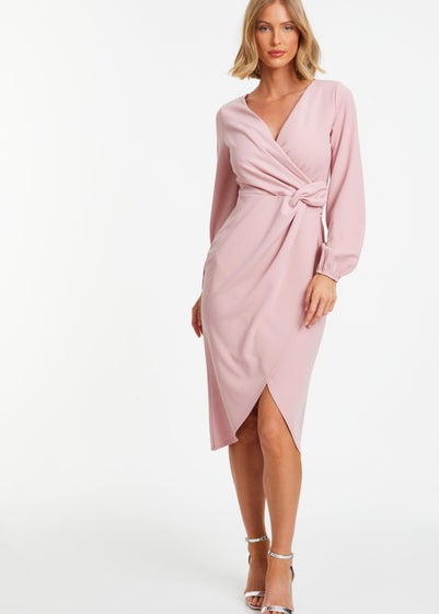 Quiz Pink Knot Front Wrap Midi Dress - Size 8
