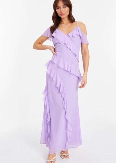 Quiz Purple Chiffon Frill Drop Shoulder Maxi Dress