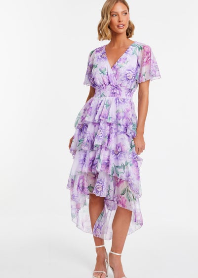 Quiz Purple Chiffon Frill Dip Hem Dress - Size 16
