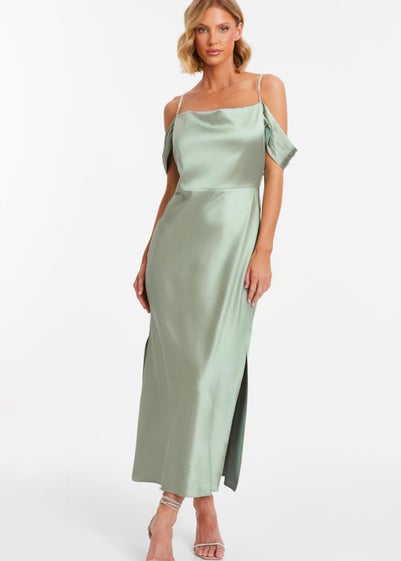 Quiz Green Satin Drop Shoulder Midaxi Dress