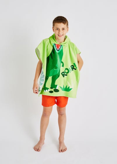 Catherine Lansfield Green Kids Dinosaur Hooded Towel Poncho