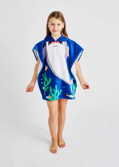 Catherine Lansfield Blue Kids Shark Hooded Towel Poncho - One Size
