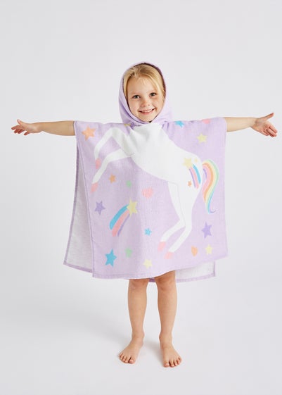 Catherine Lansfield Lilac Kids Unicorn Hooded Towel Poncho - One Size