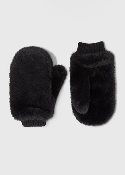 Girls Black Faux Fur Mittens (3-13yrs)