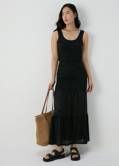 Black Smocked Patterned Maxi Skirt