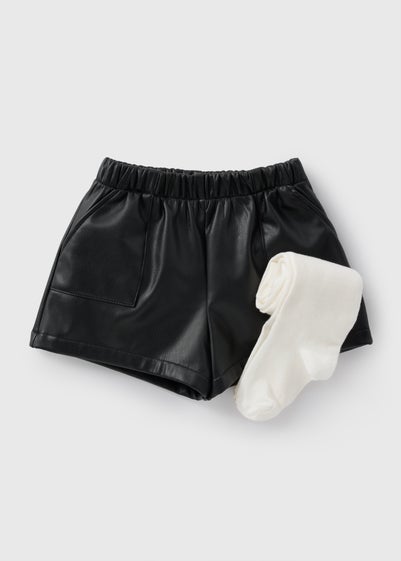 Girls Black Leather Look Short & Tights (1-7yrs)