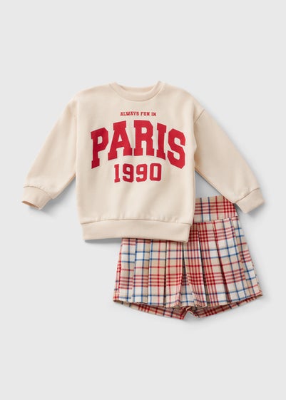 Girls Cream Paris Sweatshirt & Check Skort Set (1-7yrs)