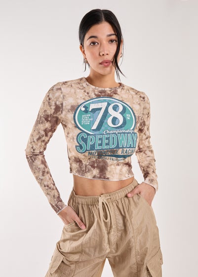 Pink Vanilla Brown Racer Washed Printed Long Sleeve Top