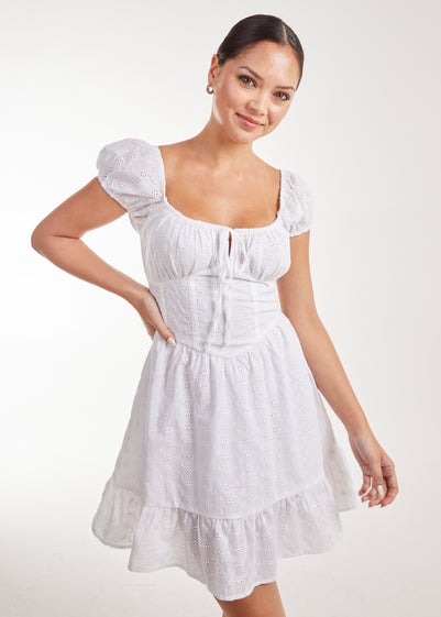 Pink Vanilla Ivory Broderie Puff Sleeve Corset Mini Dress