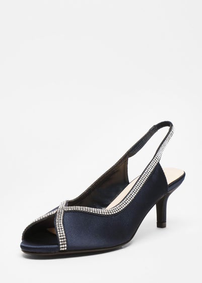 Quiz Navy Satin Diamante Low Heeled Slingback Heels