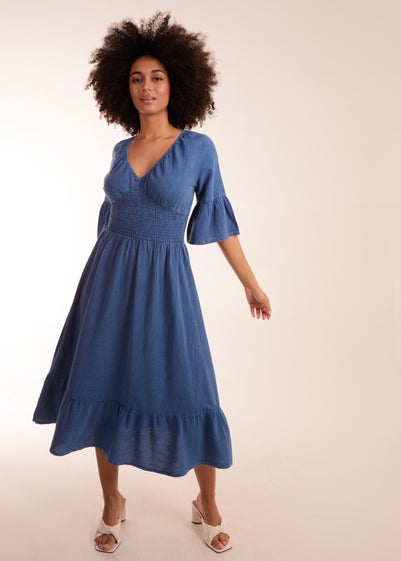 Blue Vanilla Blue V Neck Shirred Midi Dress