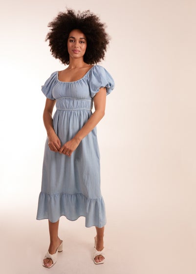 Blue Vanilla Blue Washed Puff Sleeve Midi Dress