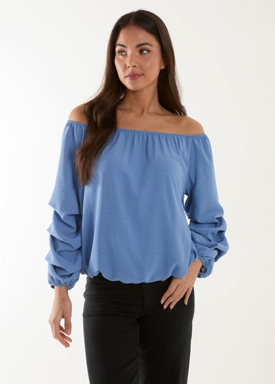 Blue Vanilla Blue Bardot Elasticated Ruched Sleeve Top